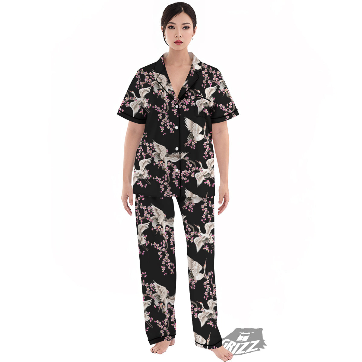 Bird Crane Watercolor Print Pattern Women's Pajamas Set-grizzshop