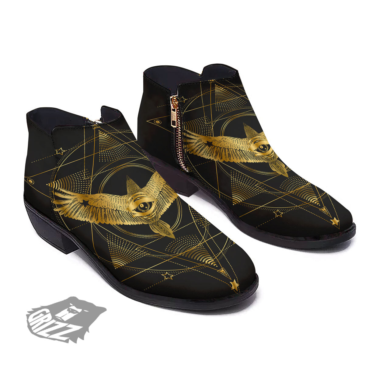 Bird Spiritual Golden Print Ankle Boots-grizzshop