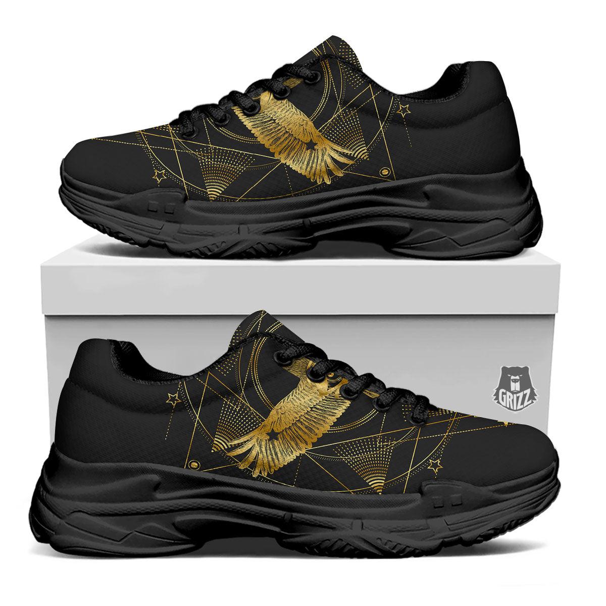 Bird Spiritual Golden Print Black Chunky Shoes-grizzshop