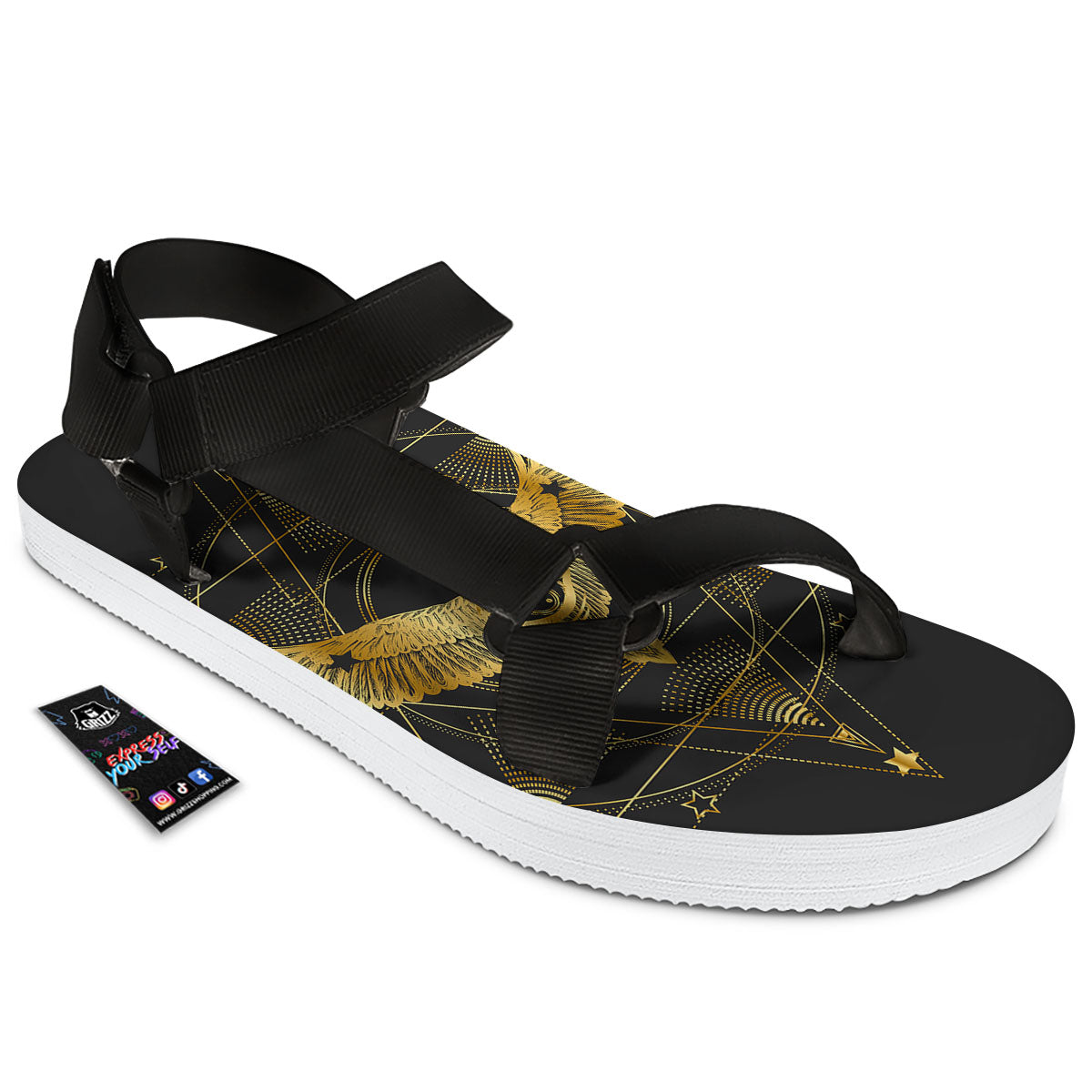 Bird Spiritual Golden Print Black Open Toe Sandals-grizzshop