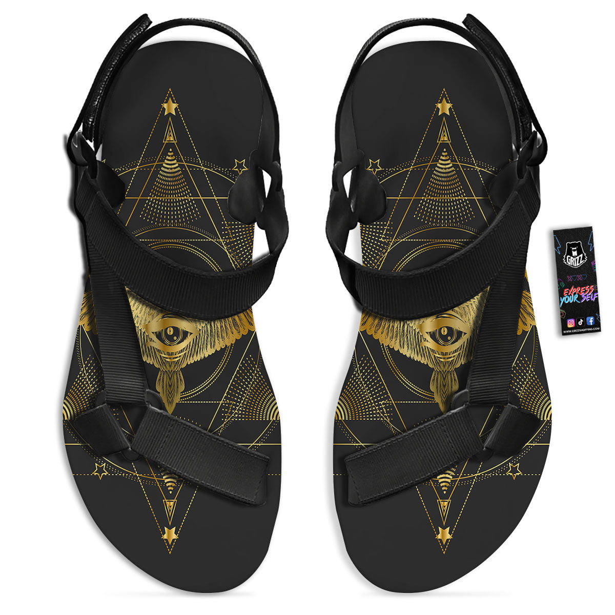 Bird Spiritual Golden Print Black Open Toe Sandals-grizzshop