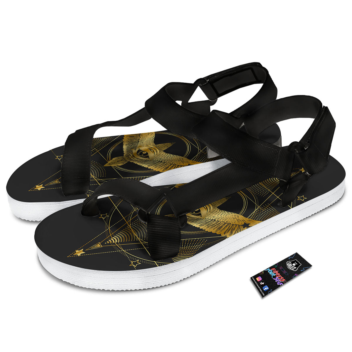 Bird Spiritual Golden Print Black Open Toe Sandals-grizzshop