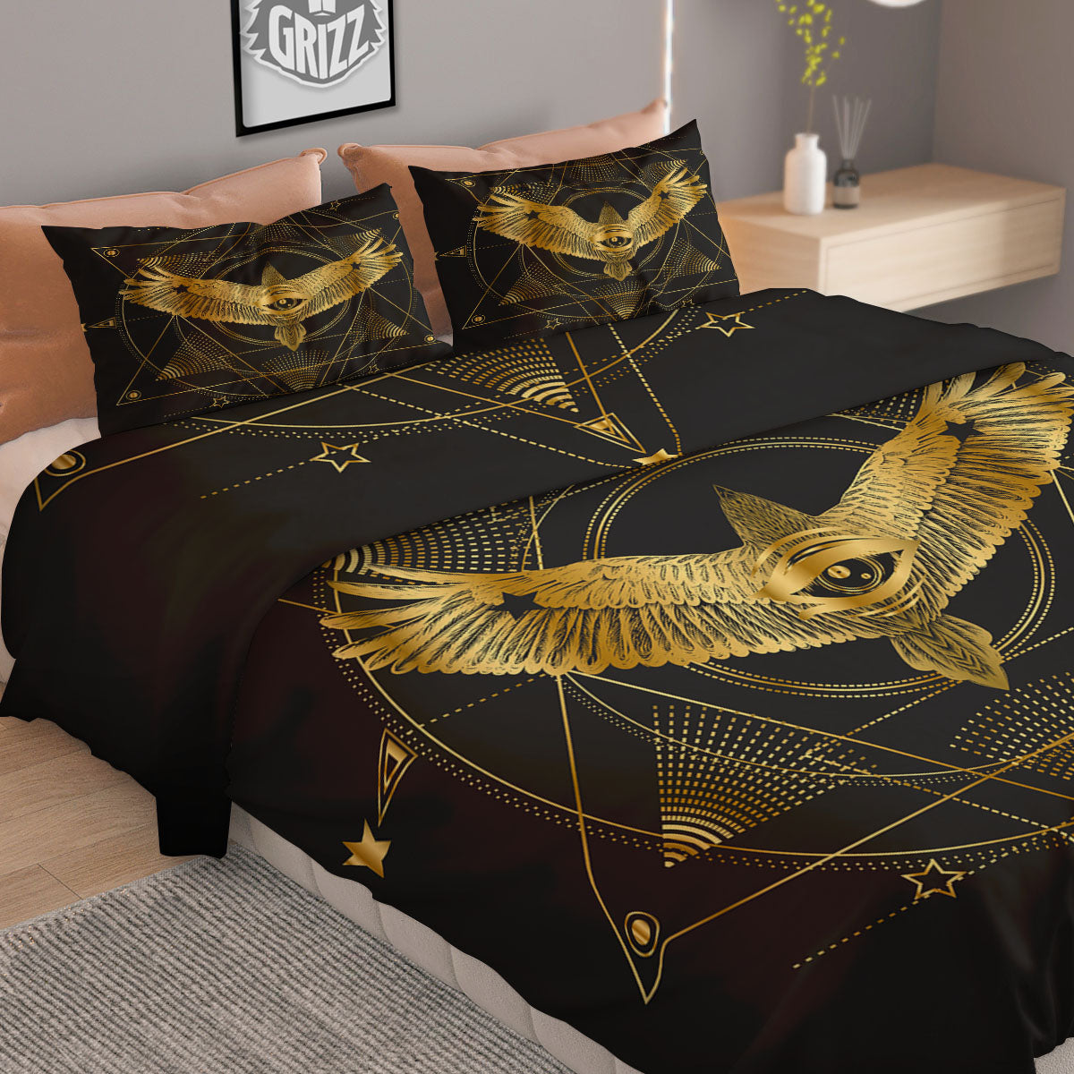 Bird Spiritual Golden Print Duvet Cover Bedding Set