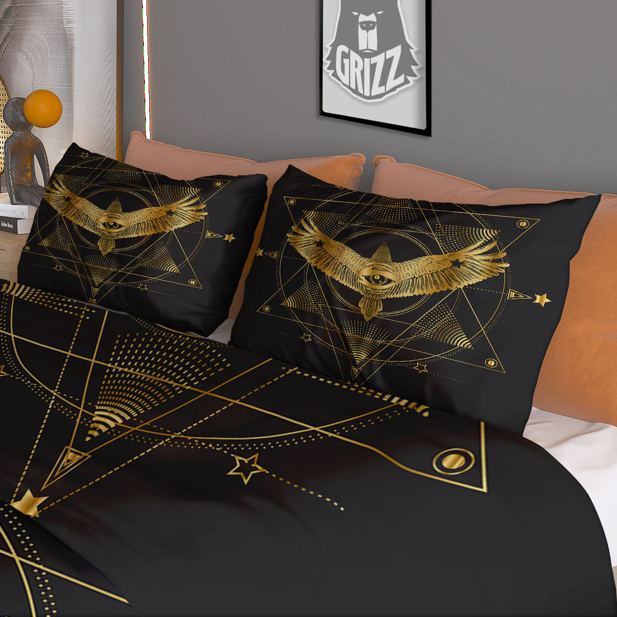 Bird Spiritual Golden Print Duvet Cover Bedding Set