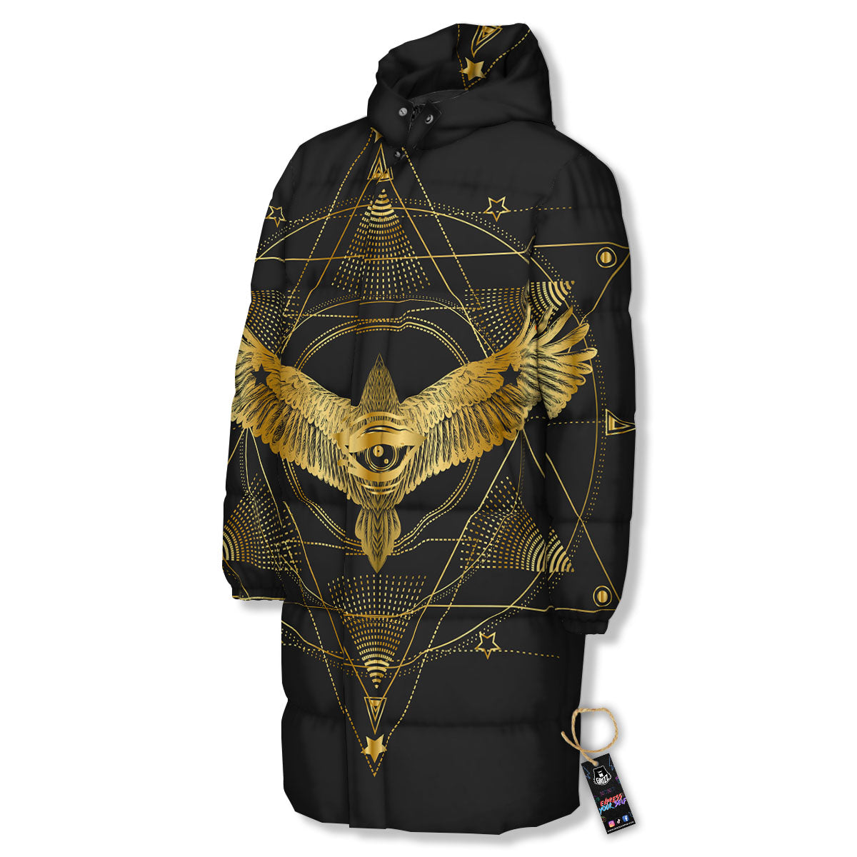 Bird Spiritual Golden Print Long Down Jacket-grizzshop
