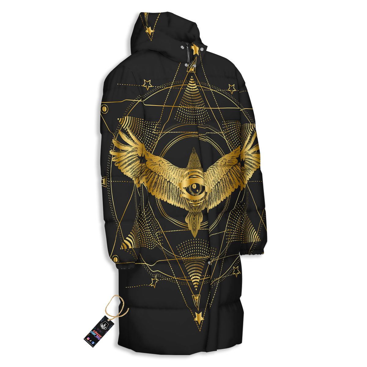 Bird Spiritual Golden Print Long Down Jacket-grizzshop