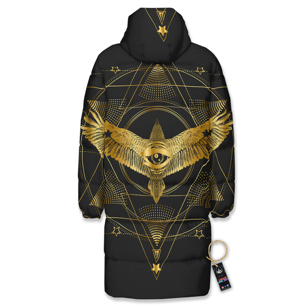 Bird Spiritual Golden Print Long Down Jacket-grizzshop