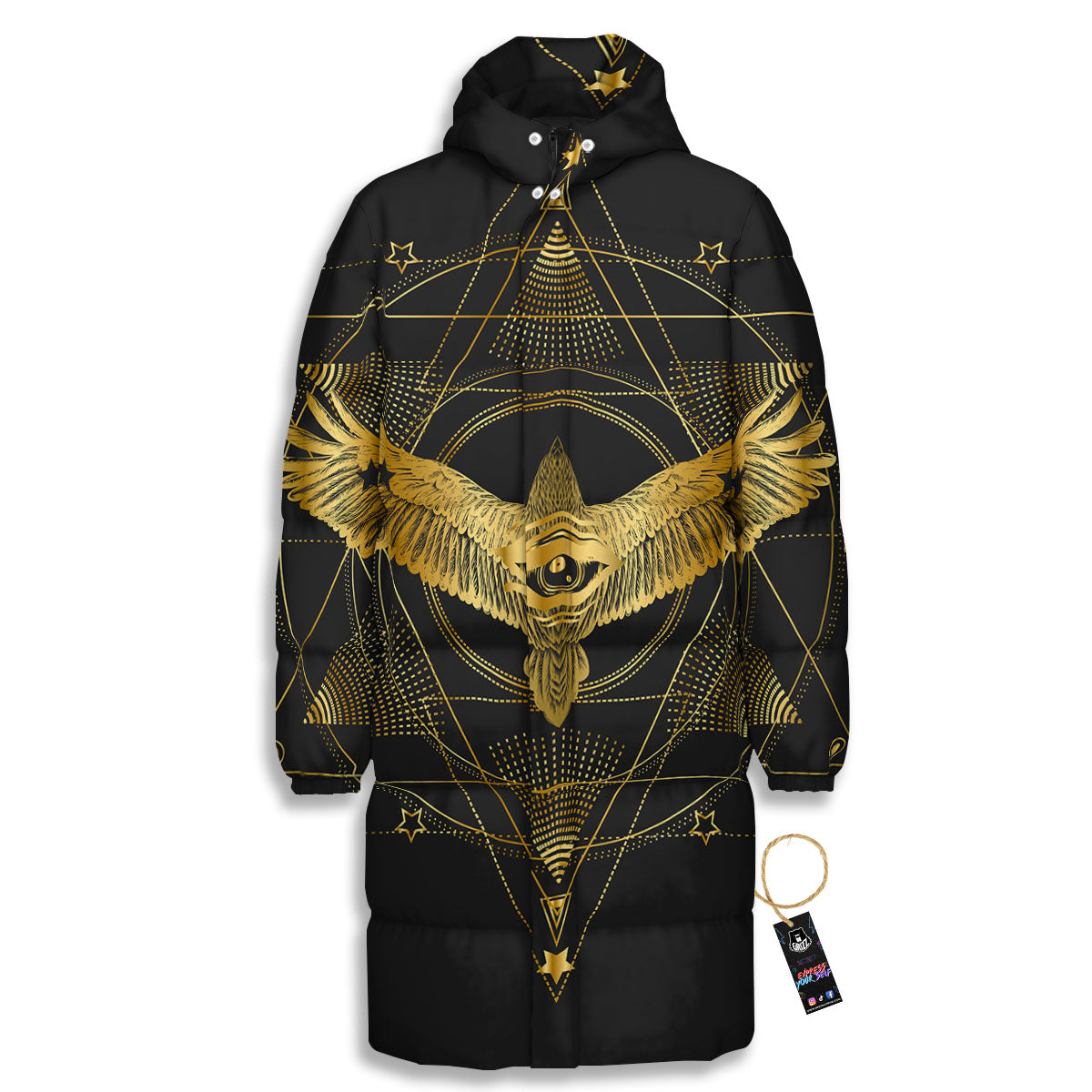 Bird Spiritual Golden Print Long Down Jacket-grizzshop