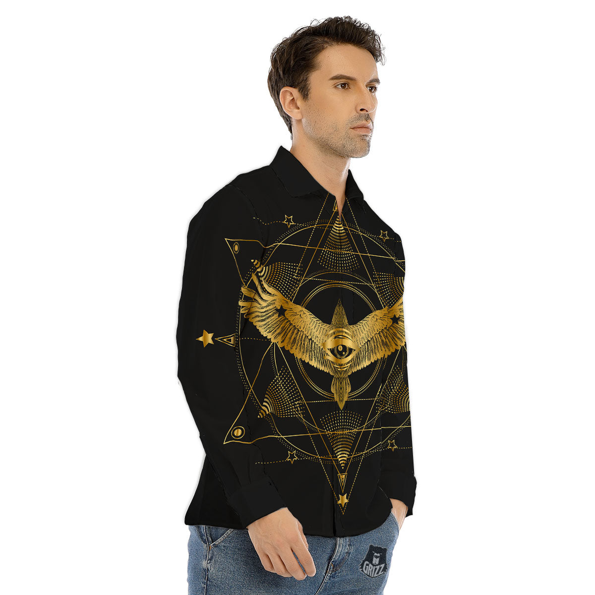 Bird Spiritual Golden Print Men's Dress Shirts-grizzshop
