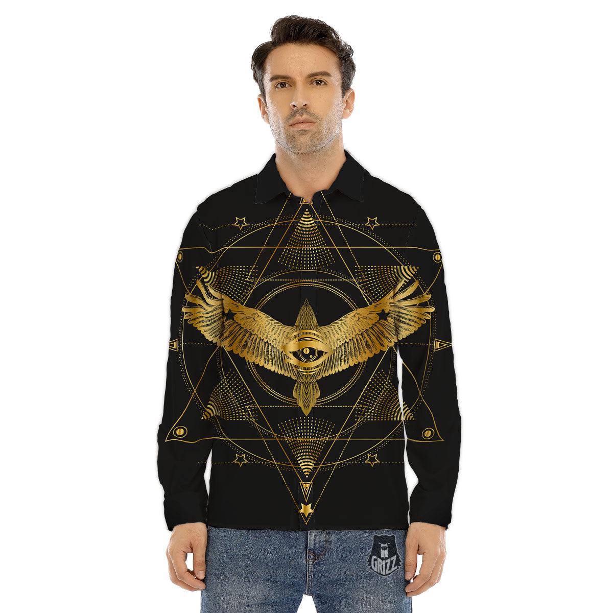 Bird Spiritual Golden Print Men's Dress Shirts-grizzshop