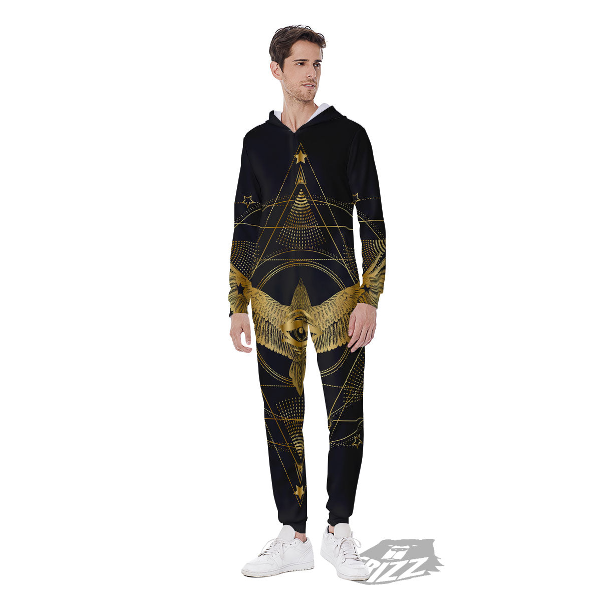Bird Spiritual Golden Print Men's Jumpsuit-grizzshop