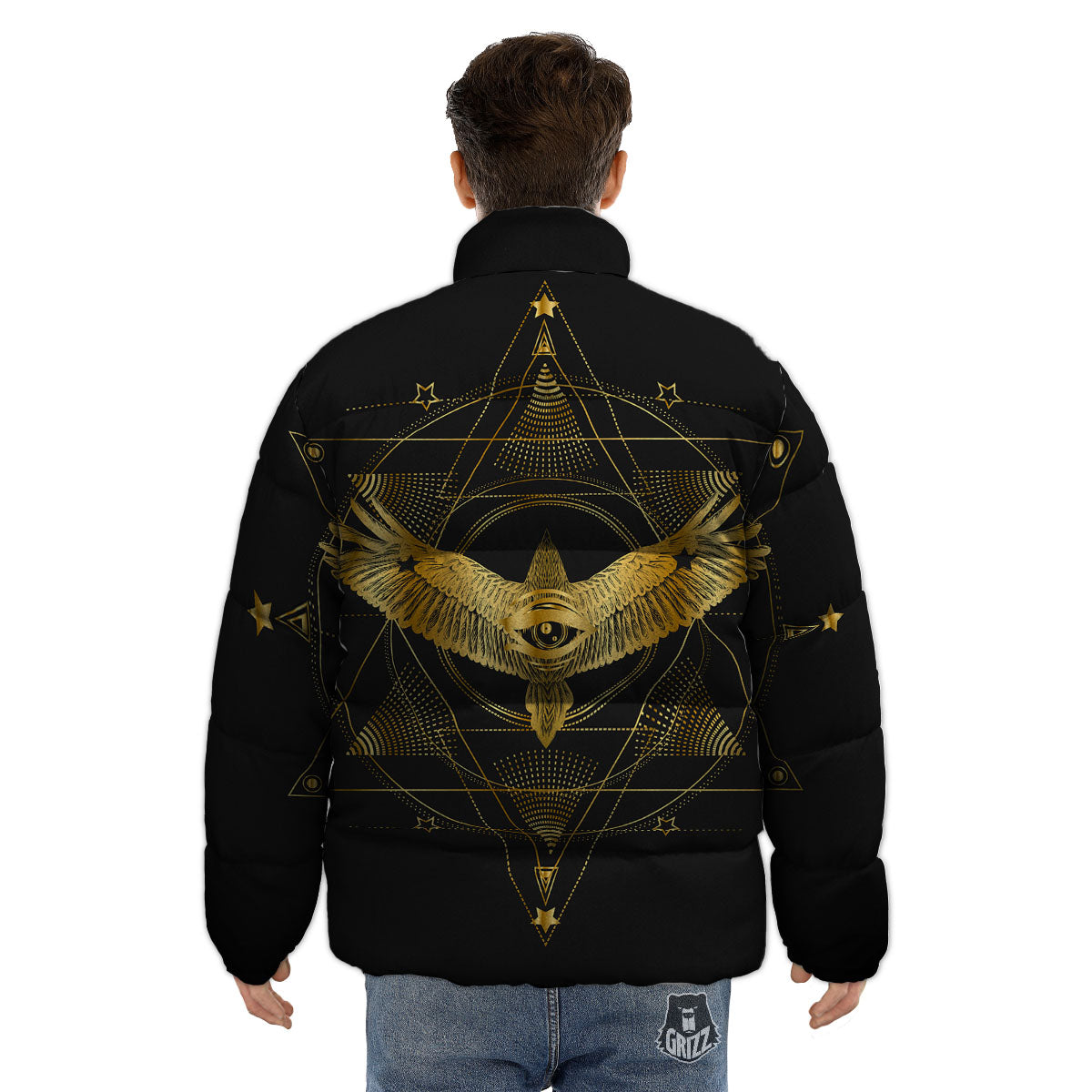 Bird Spiritual Golden Print Puffer Jacket-grizzshop