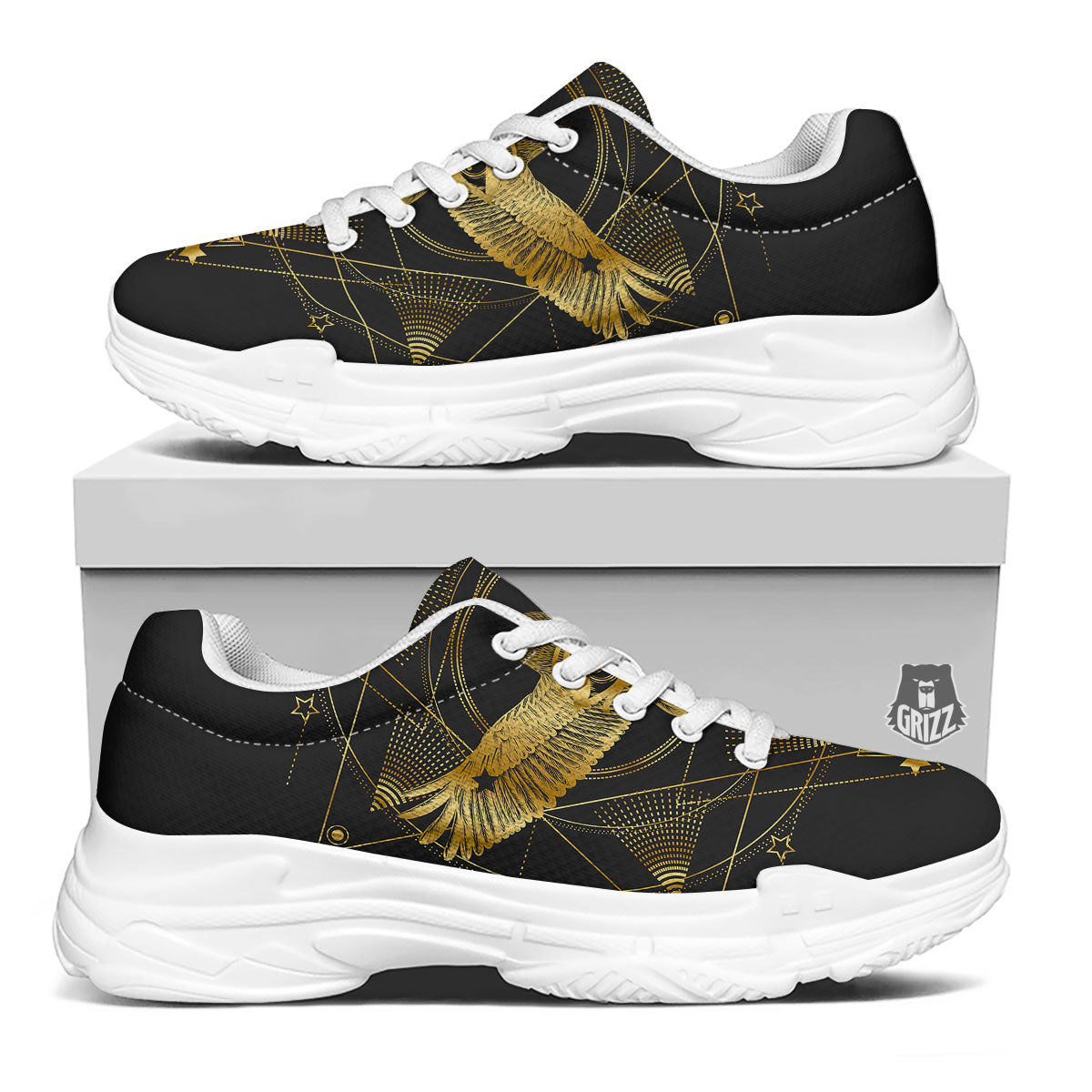 Bird Spiritual Golden Print White Chunky Shoes-grizzshop