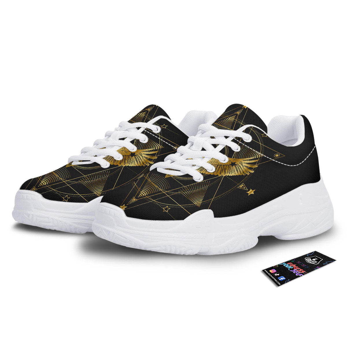 Bird Spiritual Golden Print White Chunky Shoes-grizzshop