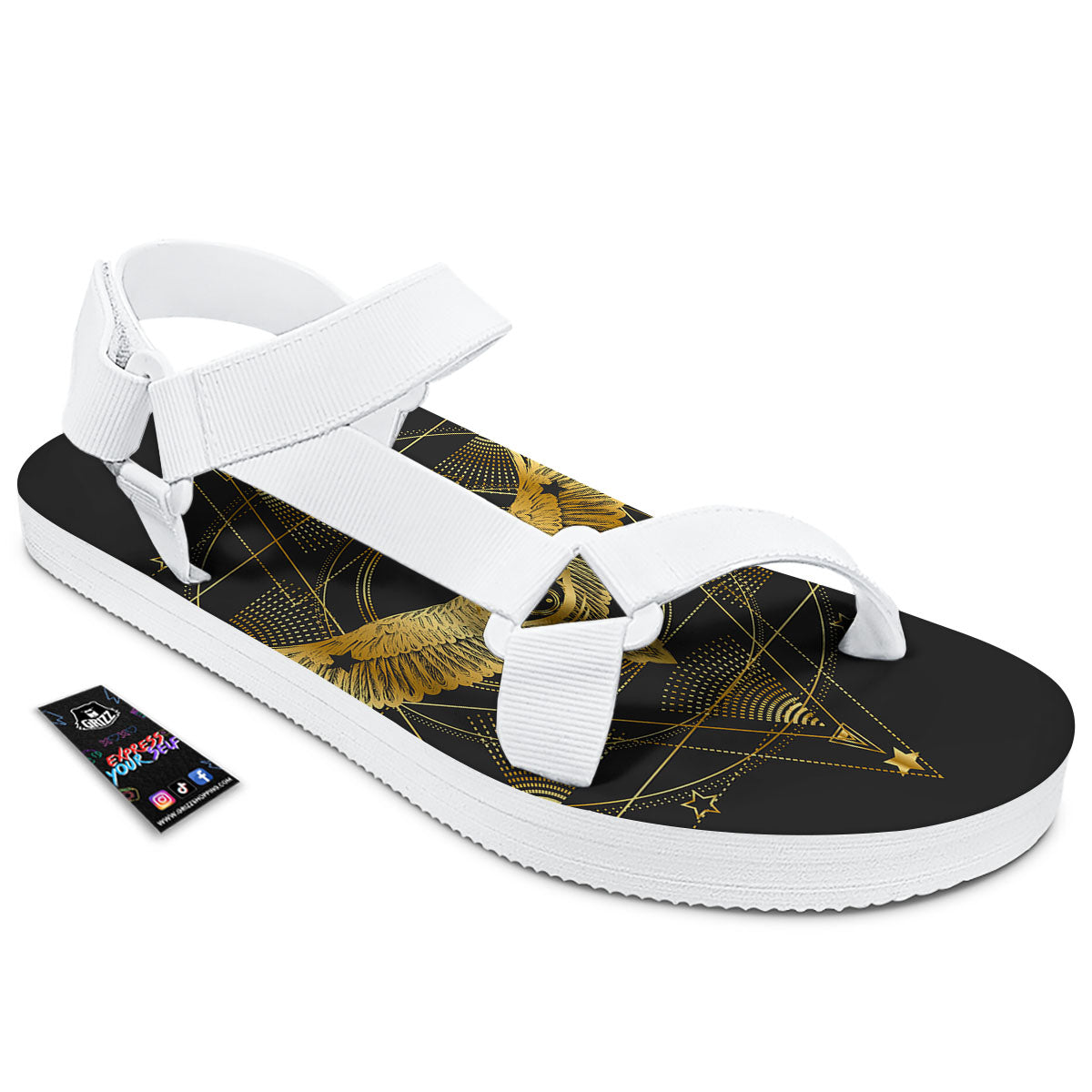 Bird Spiritual Golden Print White Open Toe Sandals-grizzshop