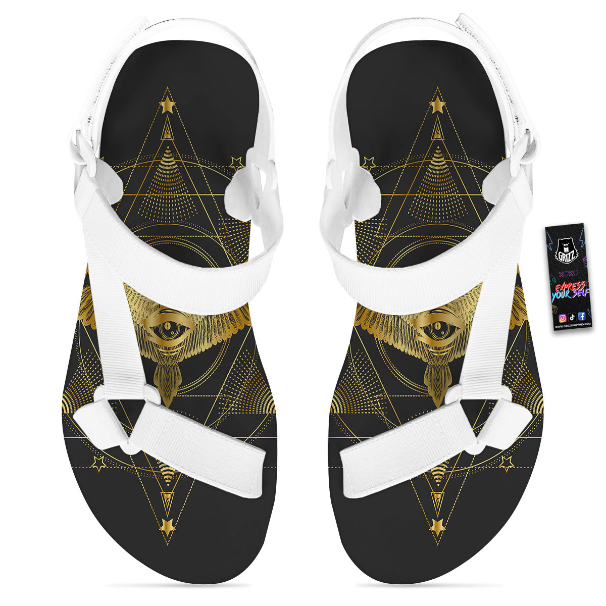 Bird Spiritual Golden Print White Open Toe Sandals-grizzshop