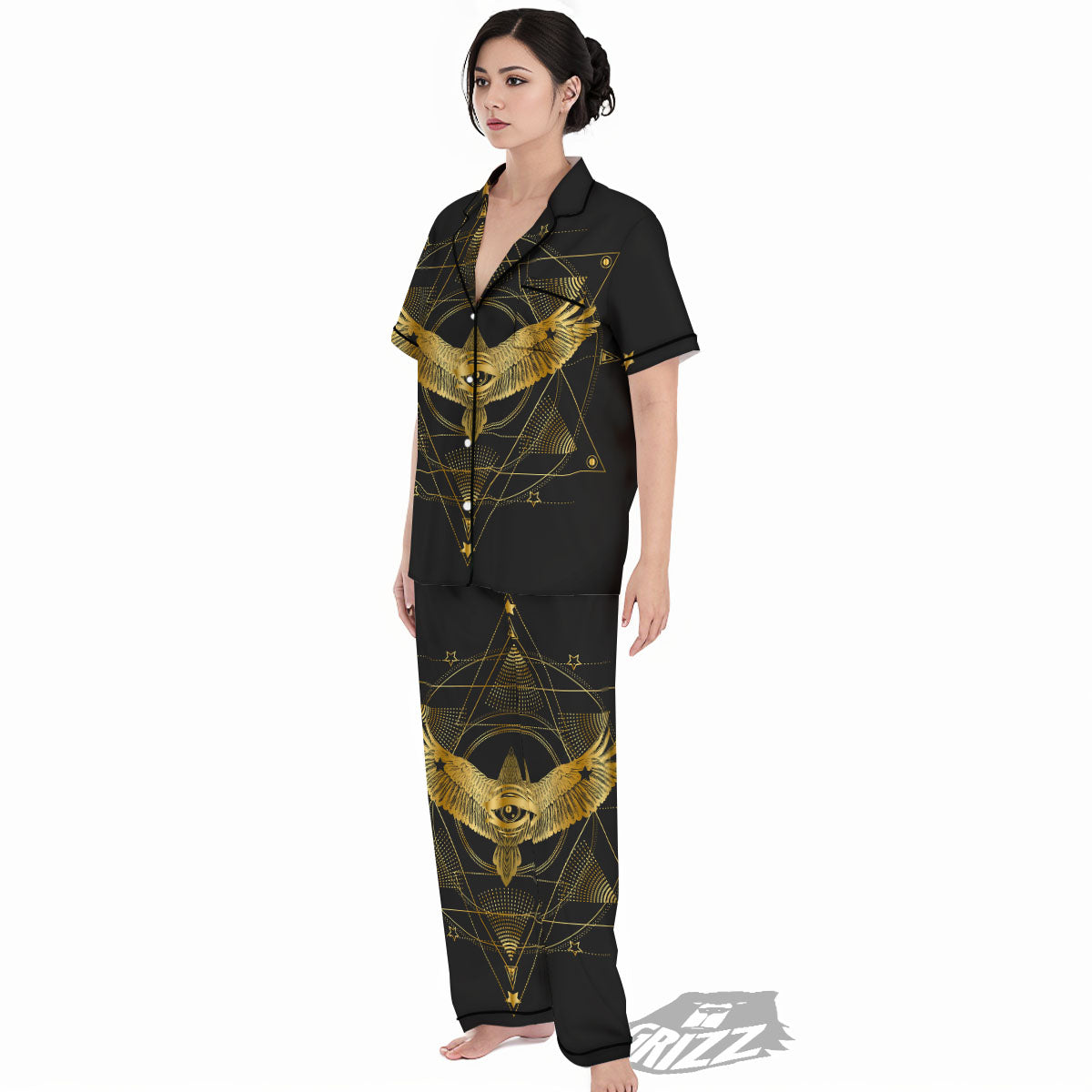 Bird Spiritual Golden Print Women's Pajamas Set-grizzshop