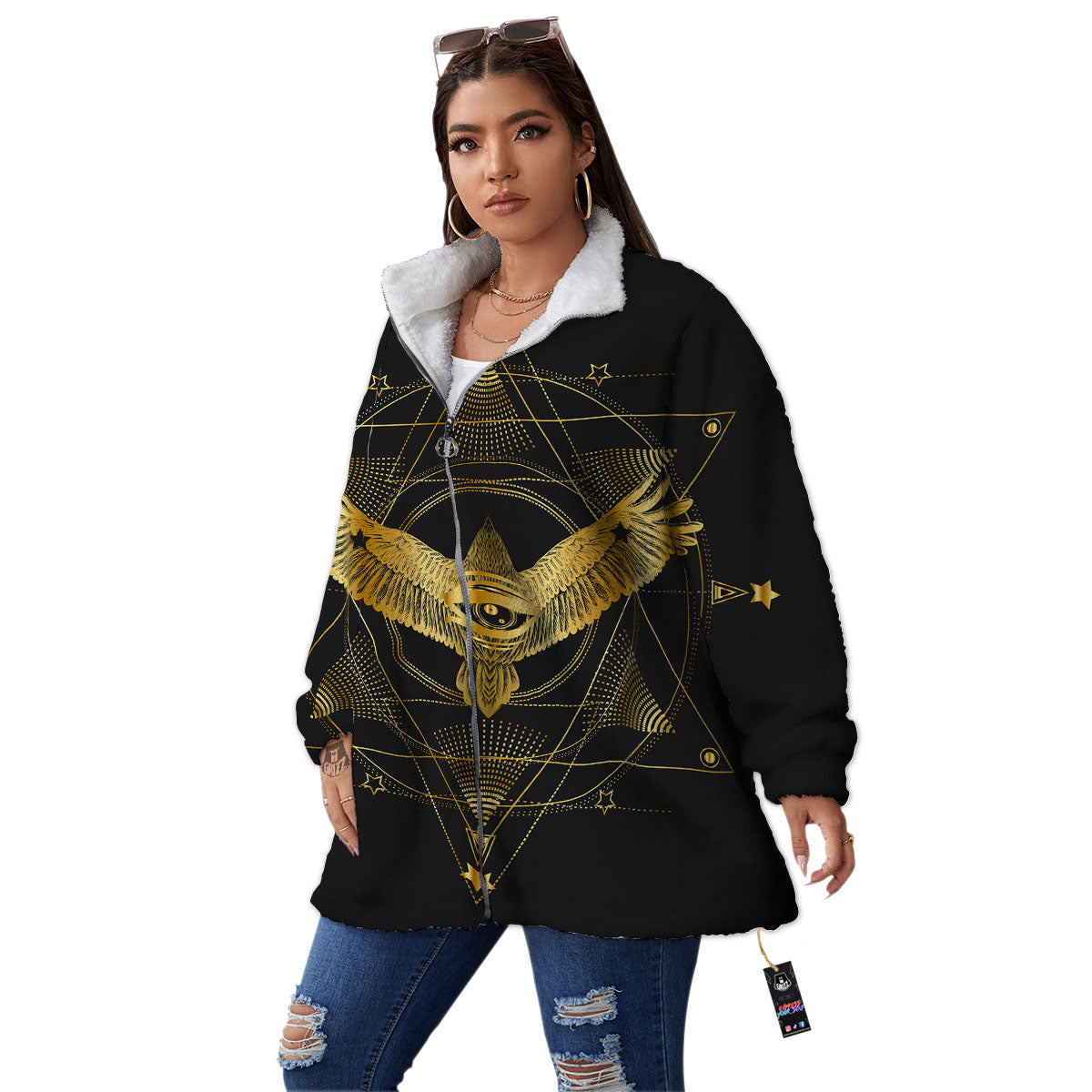 Bird Spiritual Golden Print Women's Sherpa Jacket-grizzshop