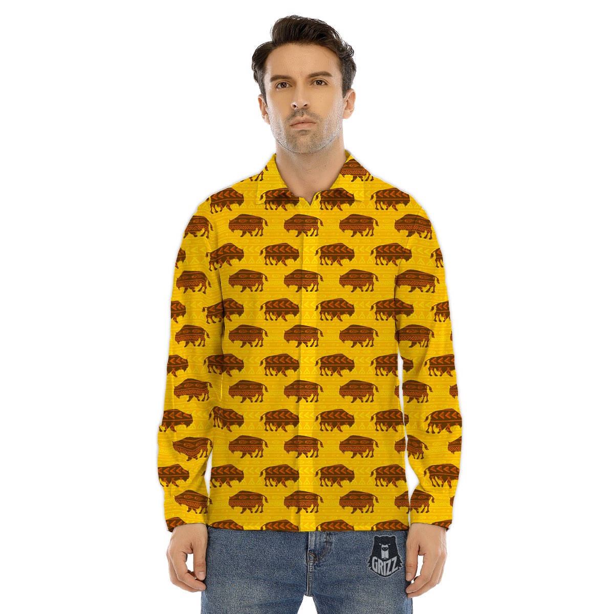 Bison Aztec Print Pattern Men's Dress Shirts-grizzshop
