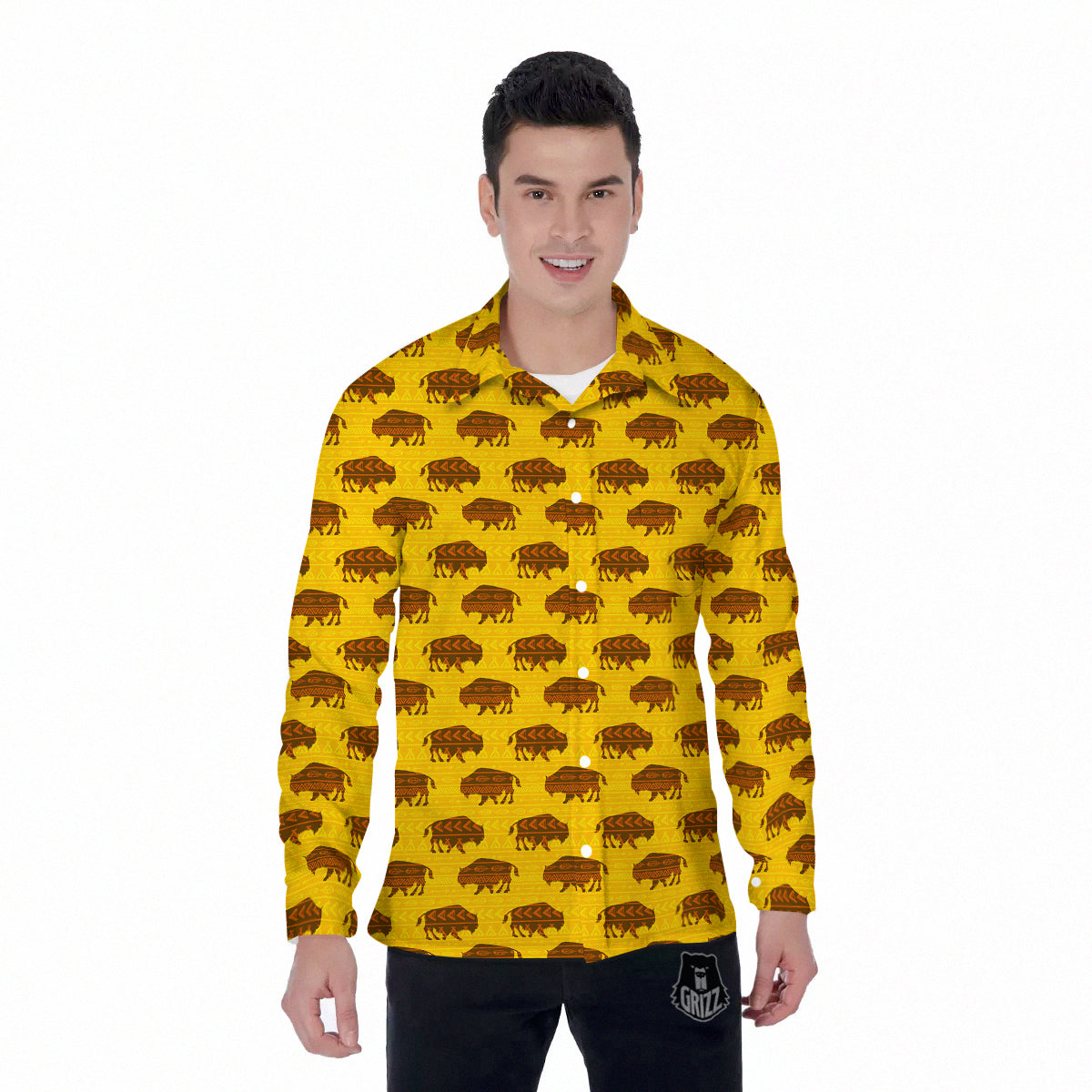 Bison Aztec Print Pattern Men's Long Sleeve Shirts-grizzshop