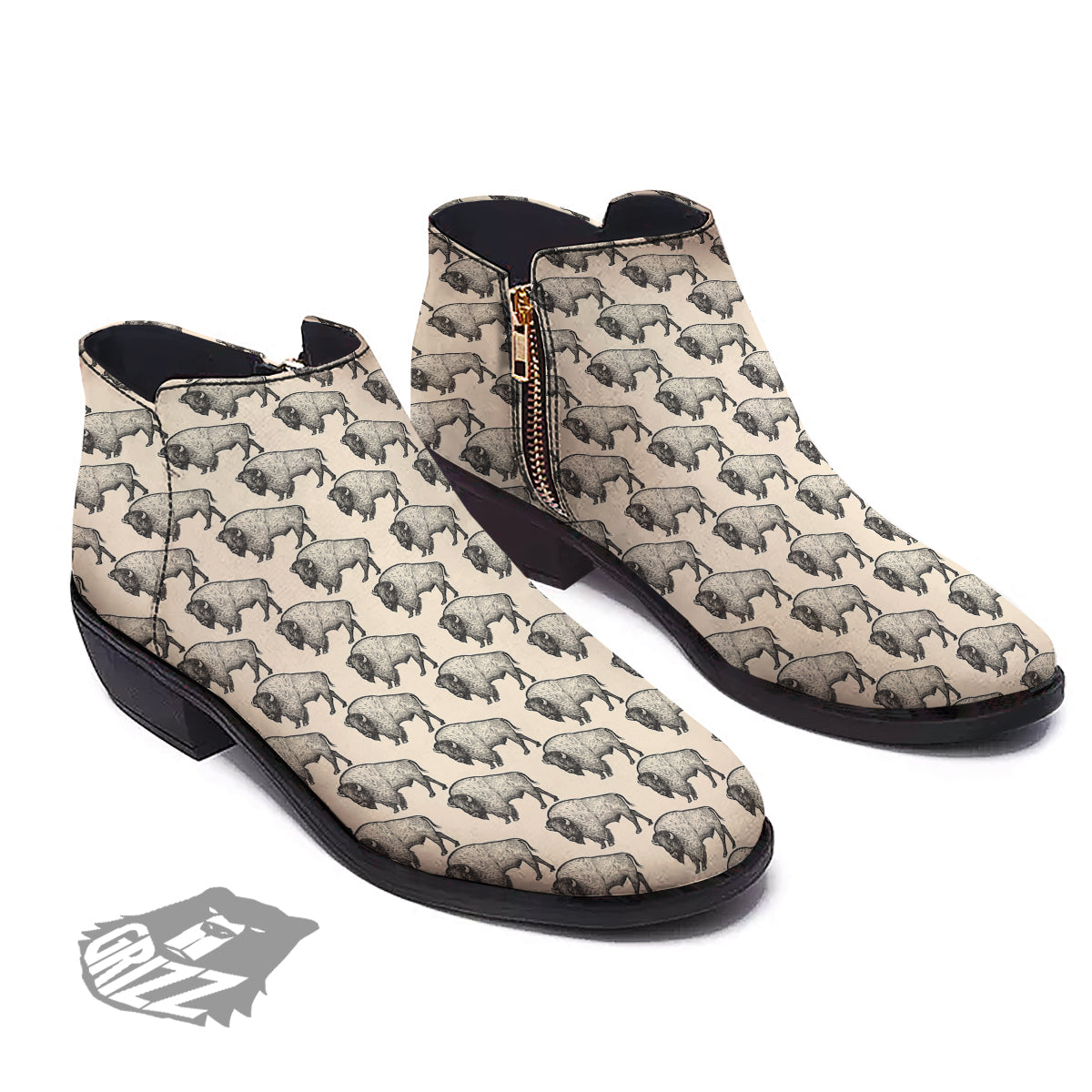 Bison Beige Print Pattern Ankle Boots-grizzshop