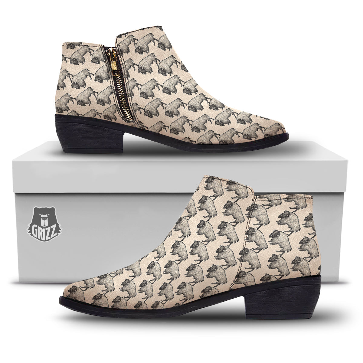 Bison Beige Print Pattern Ankle Boots-grizzshop