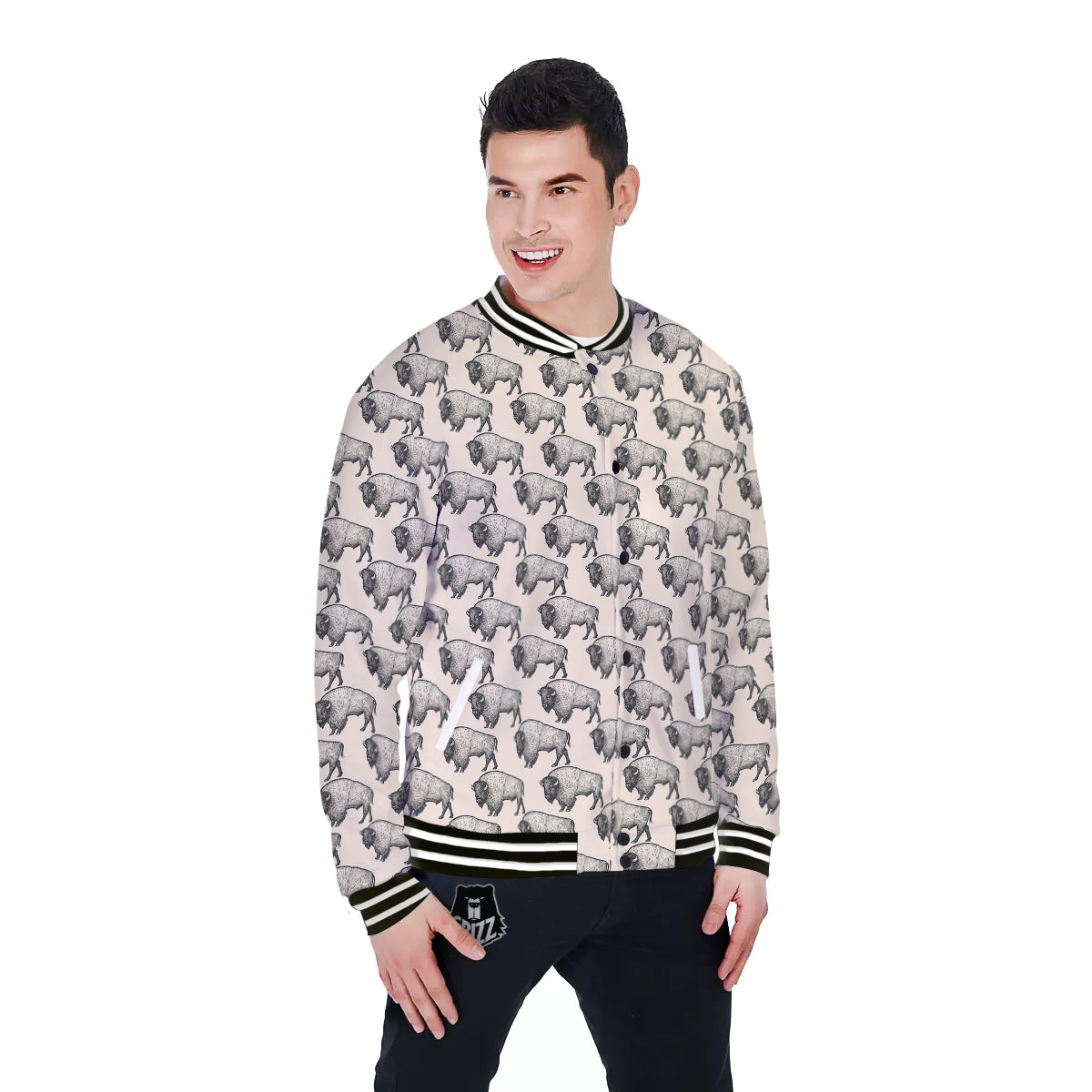 Bison Beige Print Pattern Baseball Jacket-grizzshop