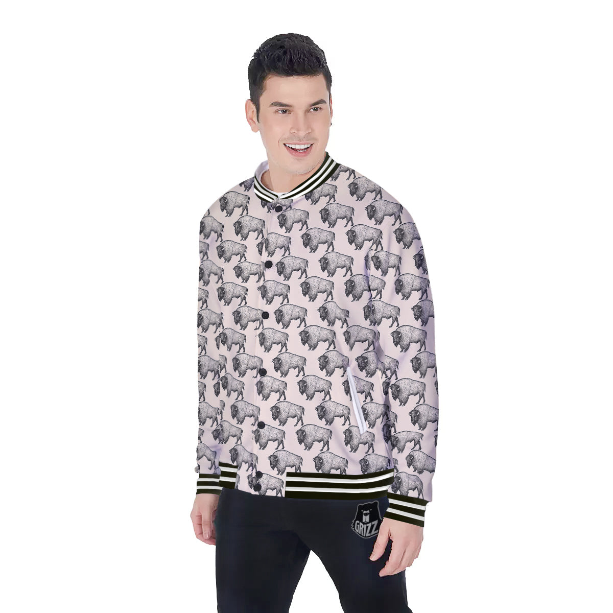 Bison Beige Print Pattern Baseball Jacket-grizzshop