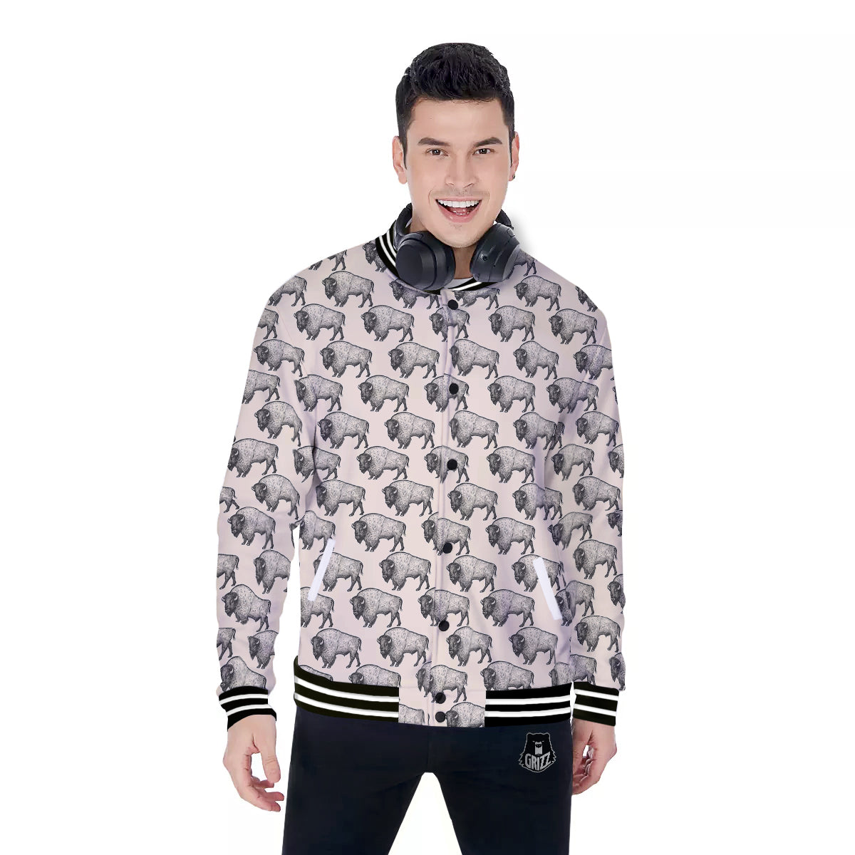 Bison Beige Print Pattern Baseball Jacket-grizzshop