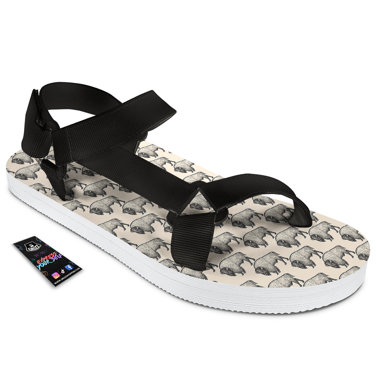 Bison Beige Print Pattern Black Open Toe Sandals-grizzshop