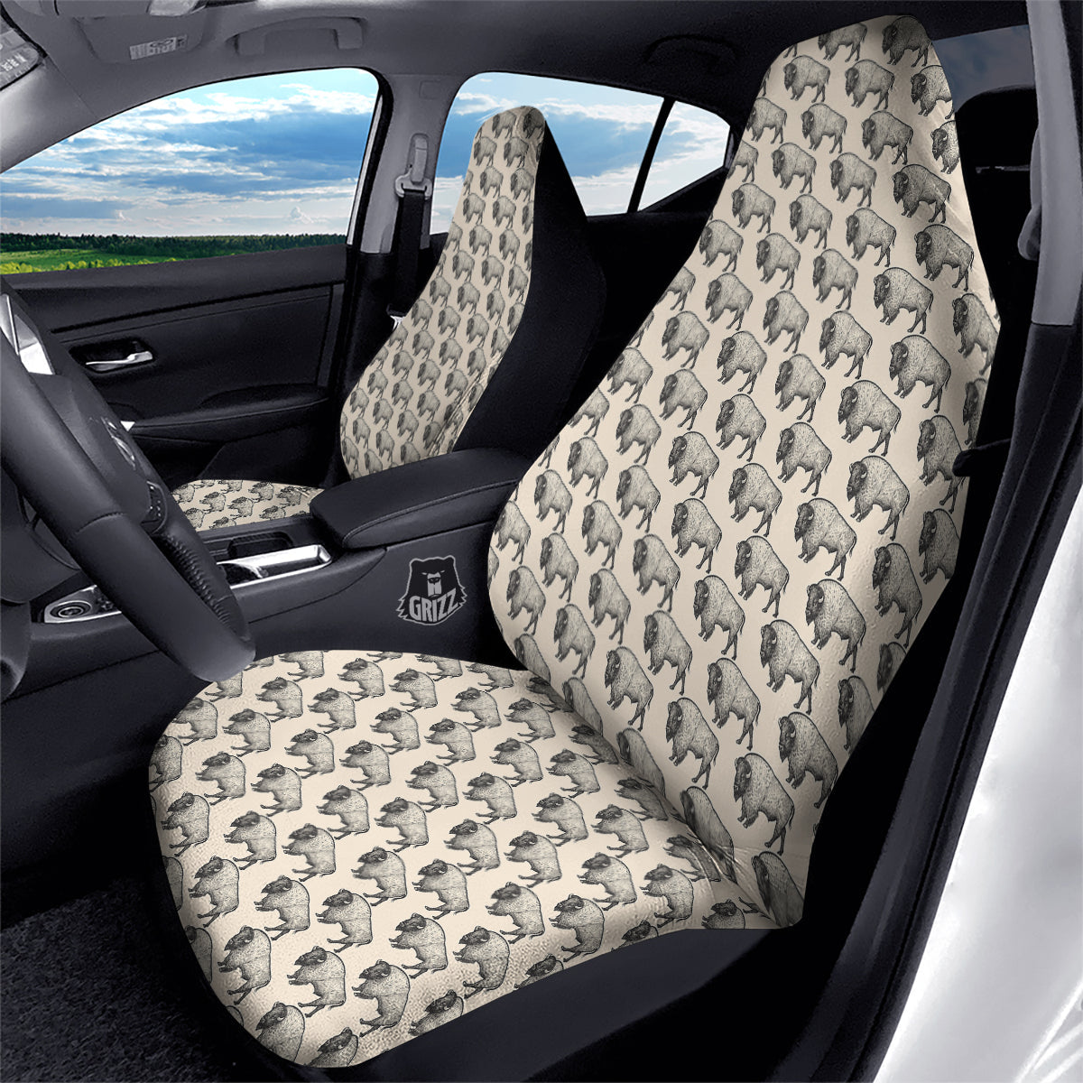 Bison Beige Print Pattern Car Seat Covers-grizzshop