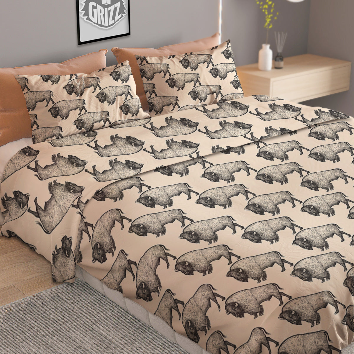 Bison Beige Print Pattern Duvet Cover Bedding Set-grizzshop