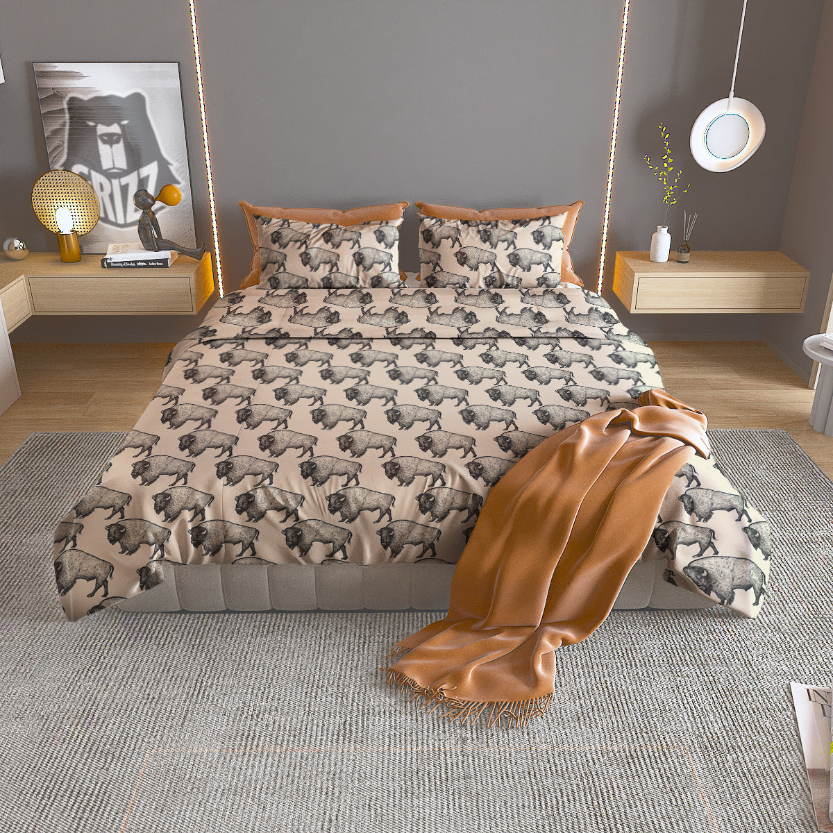 Bison Beige Print Pattern Duvet Cover Bedding Set-grizzshop