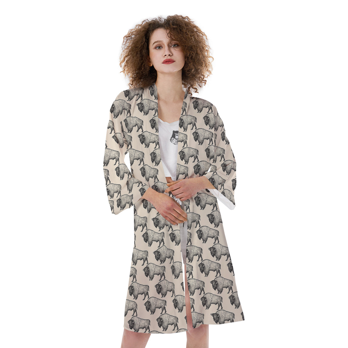 Bison Beige Print Pattern Kimono-grizzshop