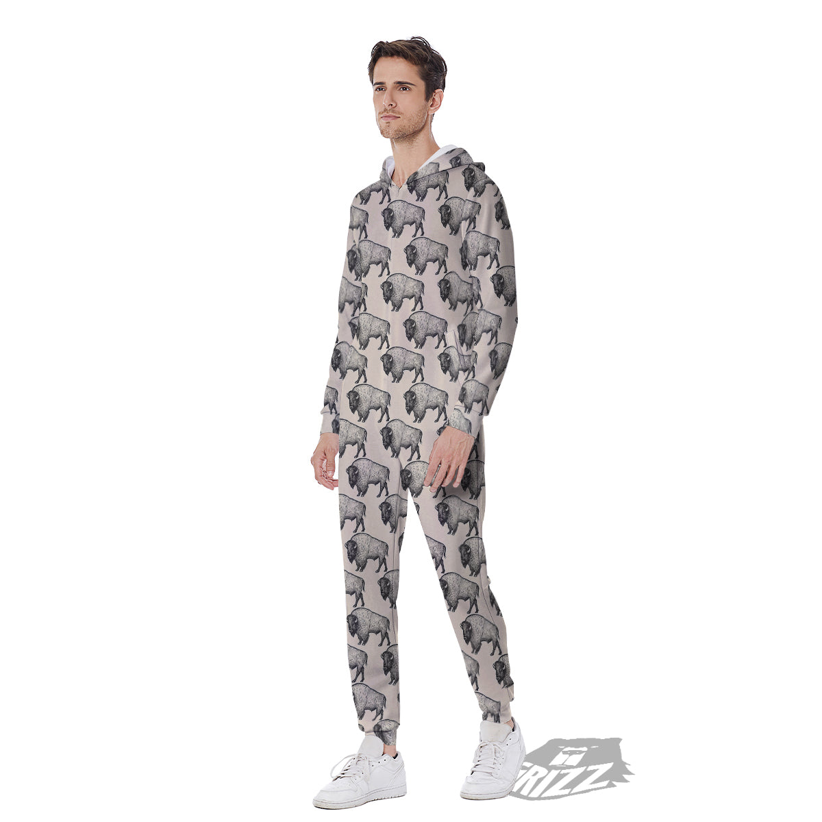 Bison Beige Print Pattern Men's Jumpsuit-grizzshop