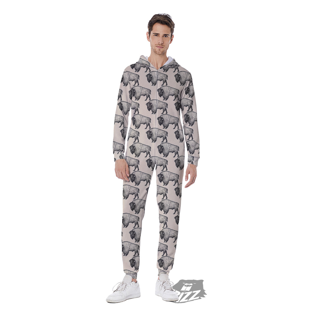 Bison Beige Print Pattern Men's Jumpsuit-grizzshop
