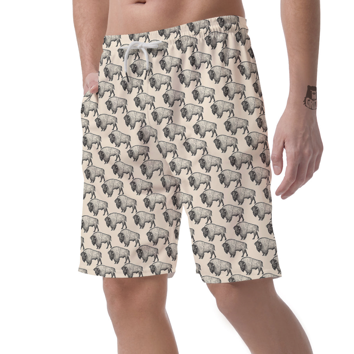 Bison Beige Print Pattern Men's Shorts-grizzshop