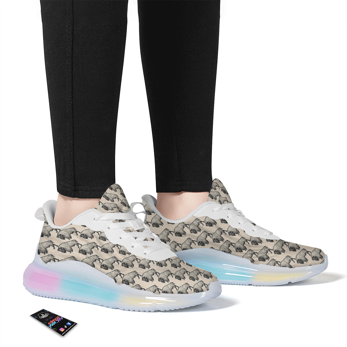 Bison Beige Print Pattern Running Sneakers-grizzshop