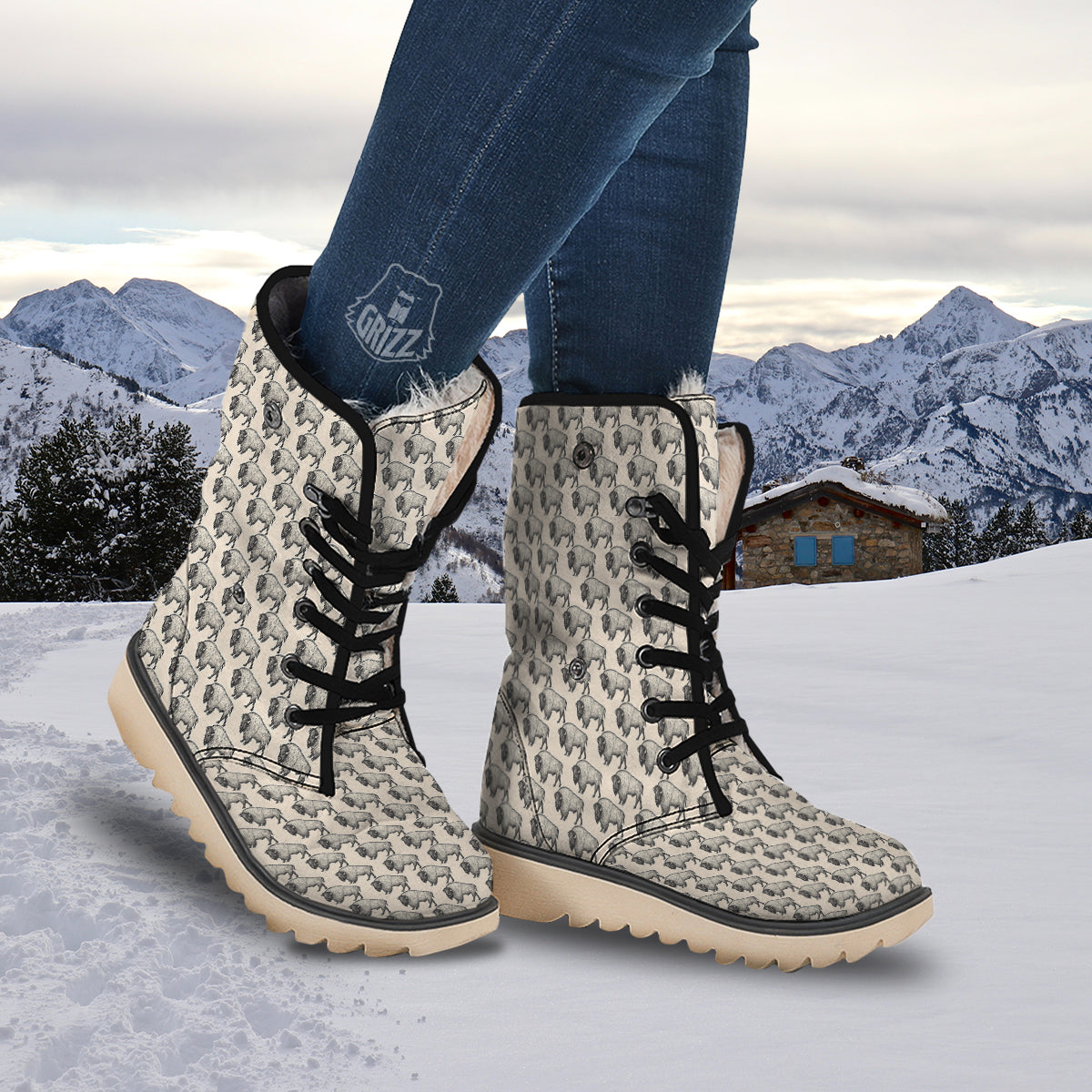 Bison Beige Print Pattern Snow Boots-grizzshop