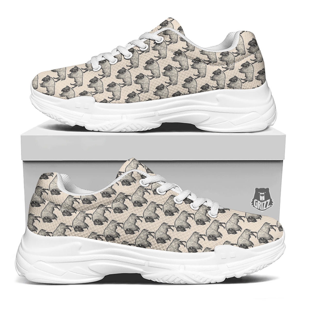 Bison Beige Print Pattern White Chunky Shoes-grizzshop