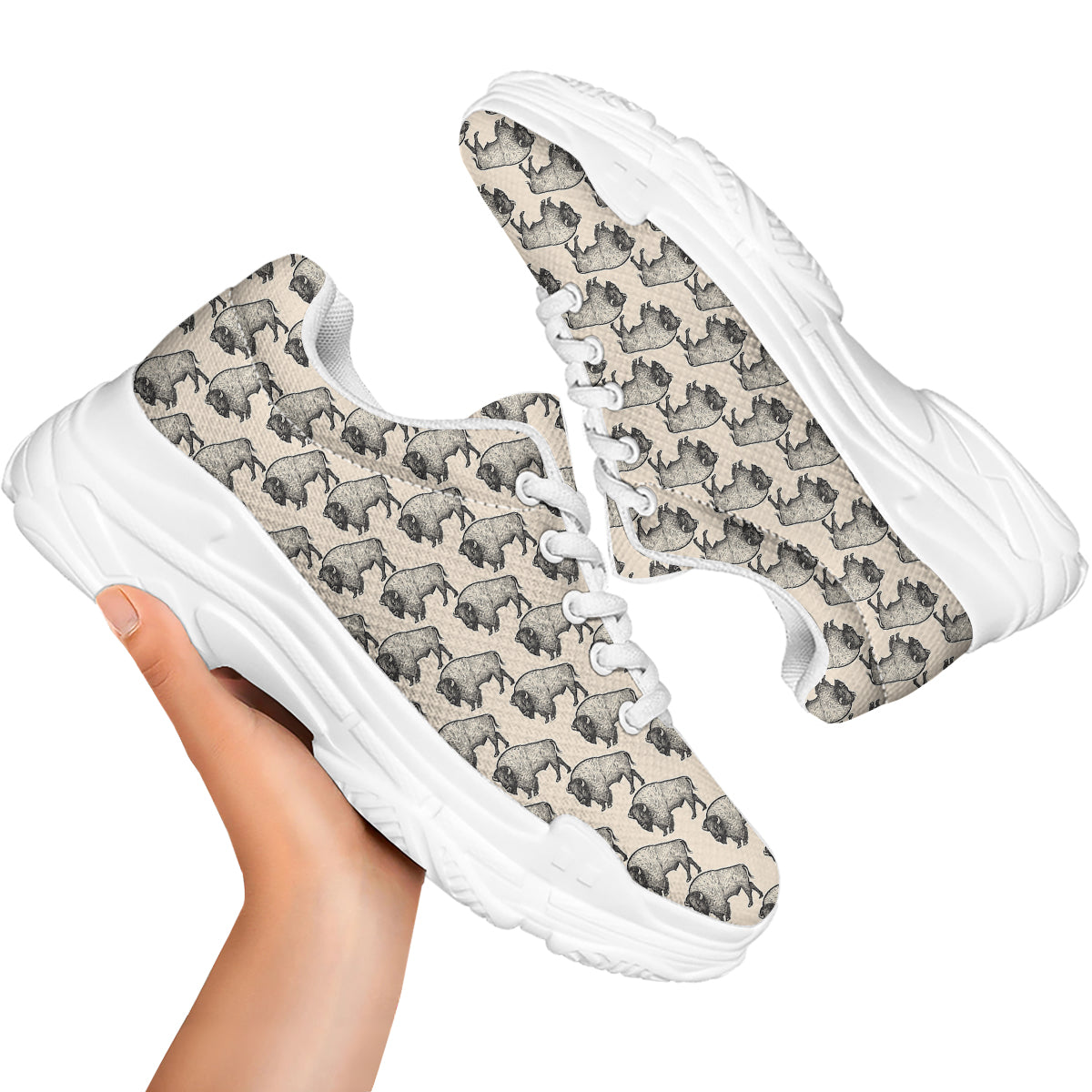 Bison Beige Print Pattern White Chunky Shoes-grizzshop