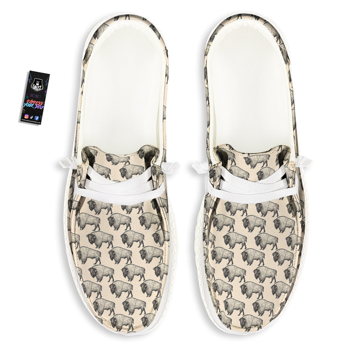 Bison Beige Print Pattern White Loafers-grizzshop