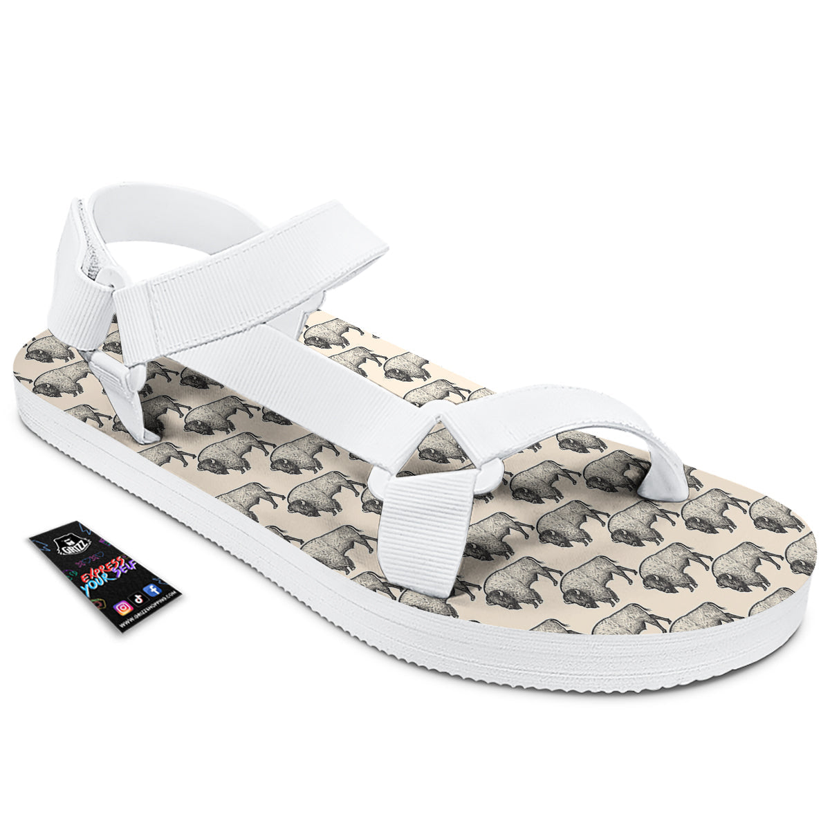 Bison Beige Print Pattern White Open Toe Sandals-grizzshop