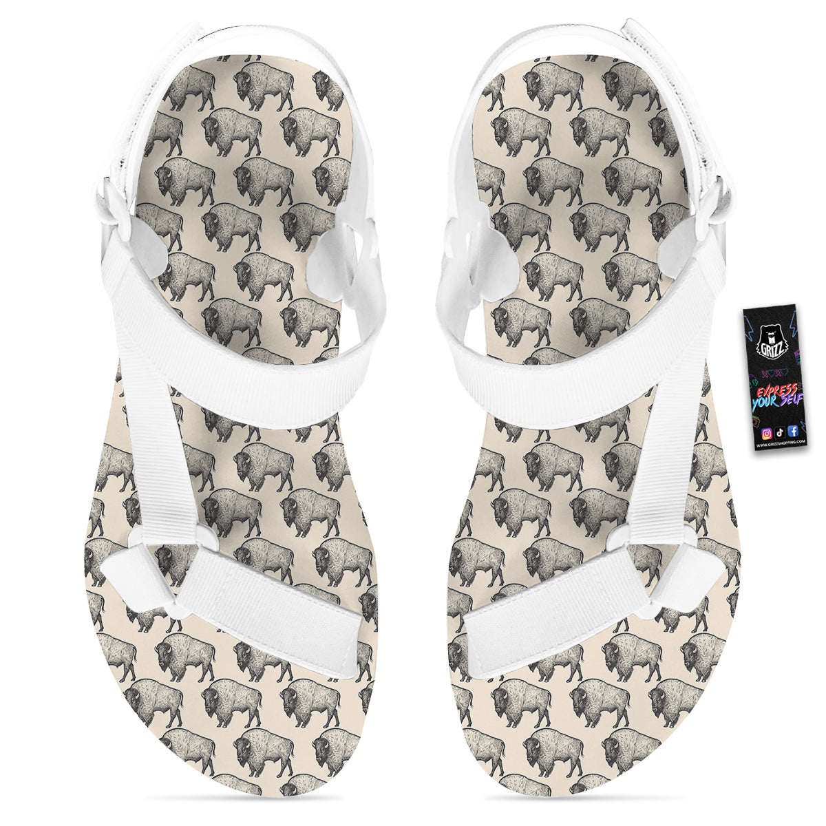 Bison Beige Print Pattern White Open Toe Sandals-grizzshop