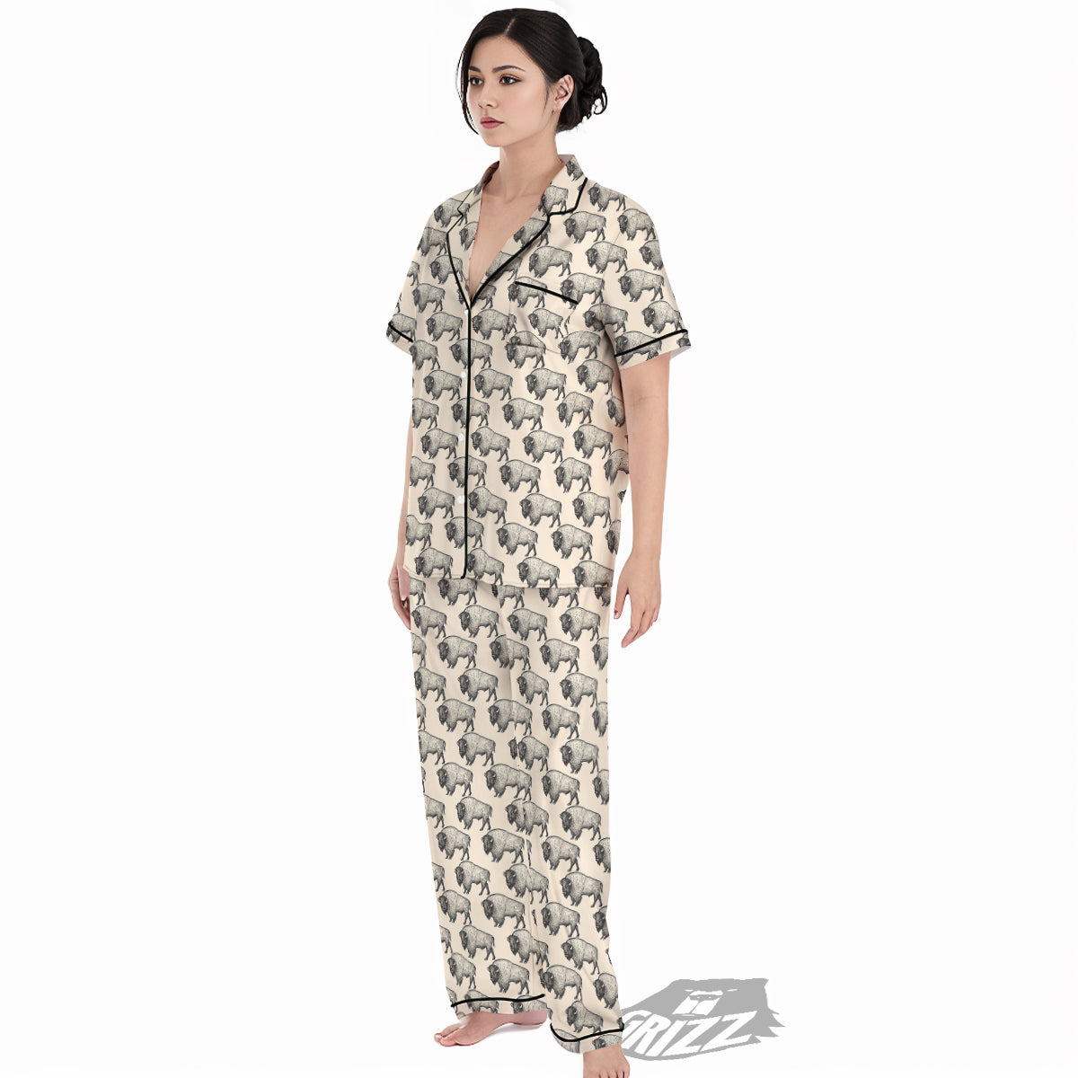 Bison Beige Print Pattern Women's Pajamas Set-grizzshop