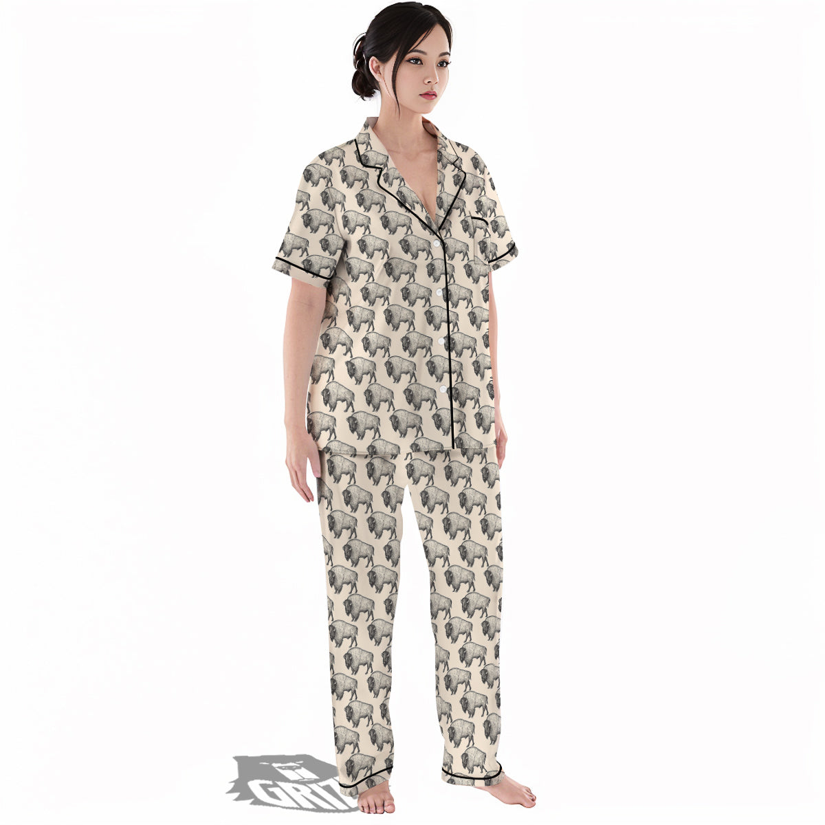 Bison Beige Print Pattern Women's Pajamas Set-grizzshop