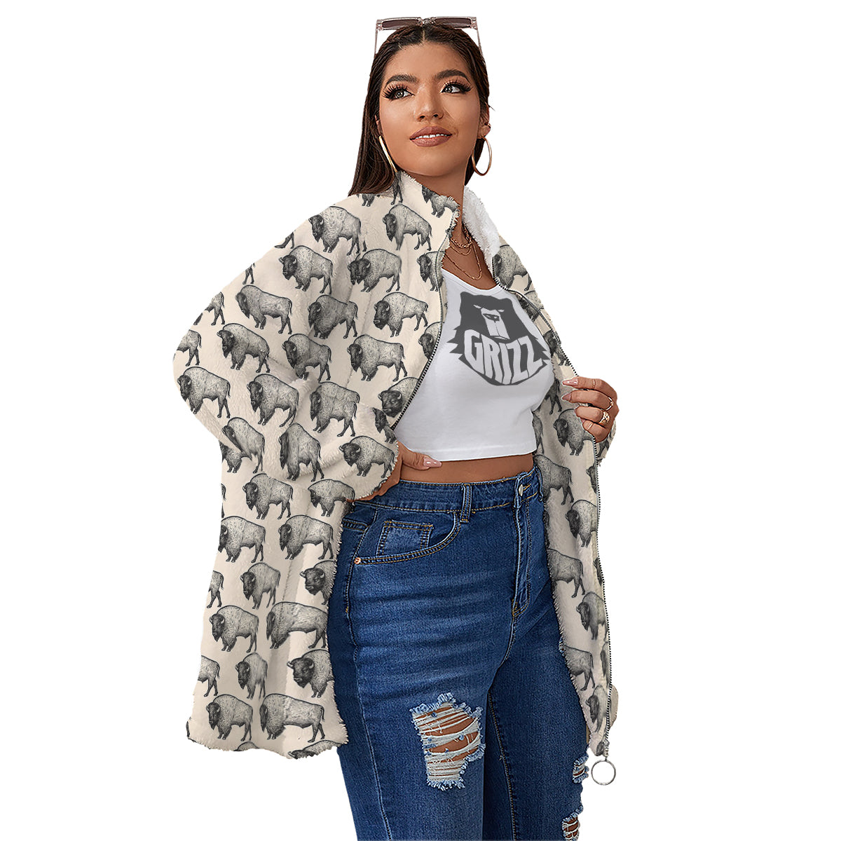 Bison Beige Print Pattern Women's Sherpa Jacket-grizzshop