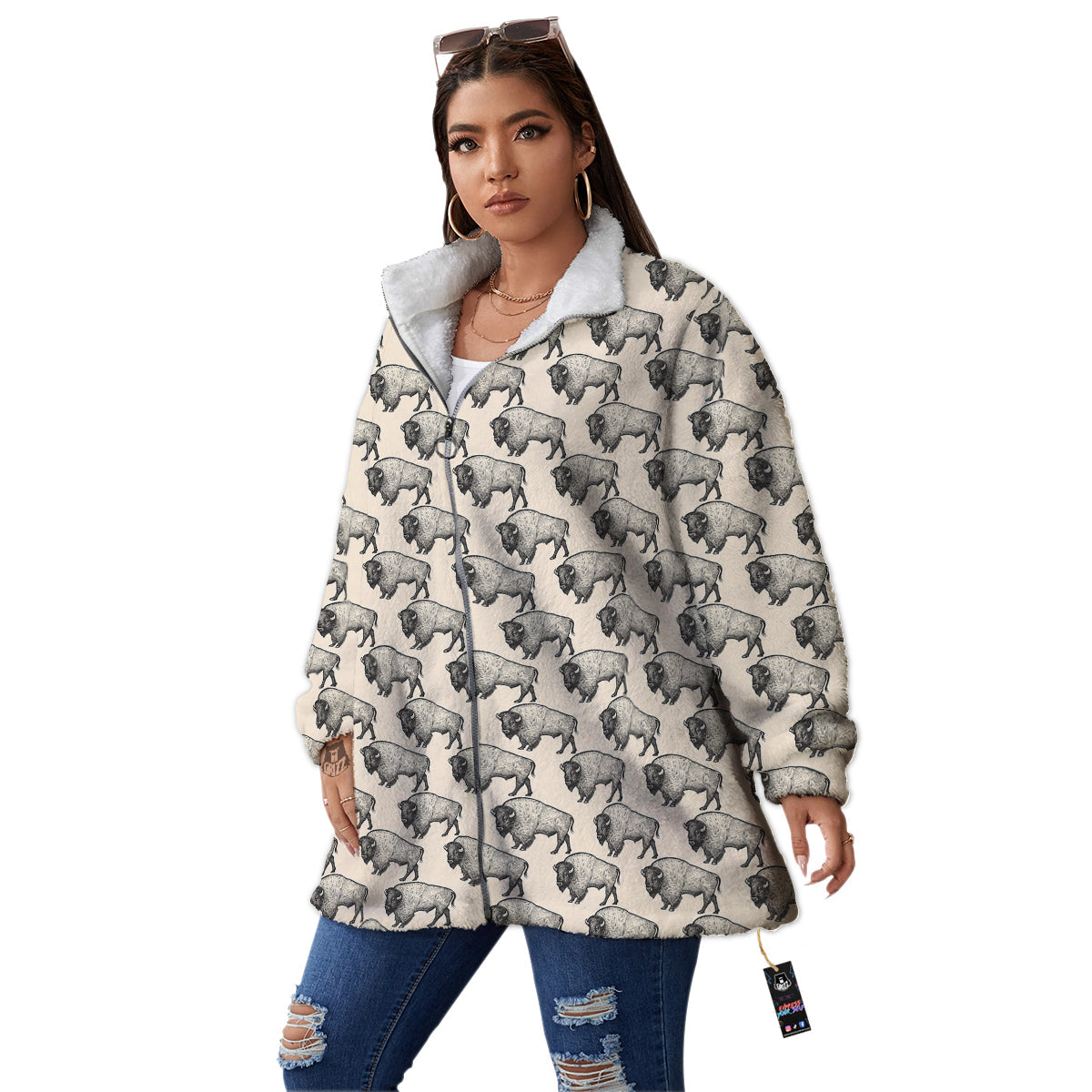 Bison Beige Print Pattern Women's Sherpa Jacket-grizzshop