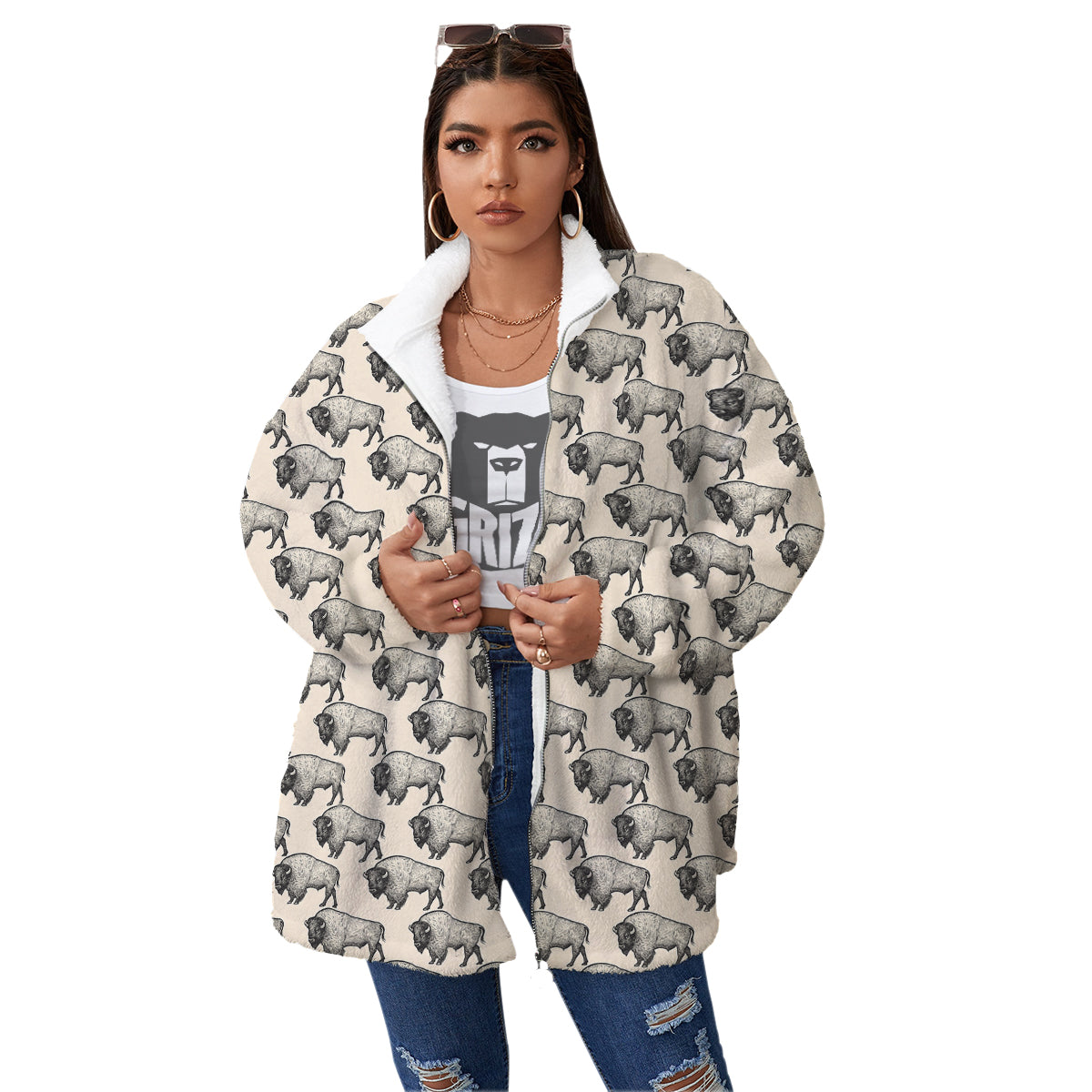 Bison Beige Print Pattern Women's Sherpa Jacket-grizzshop