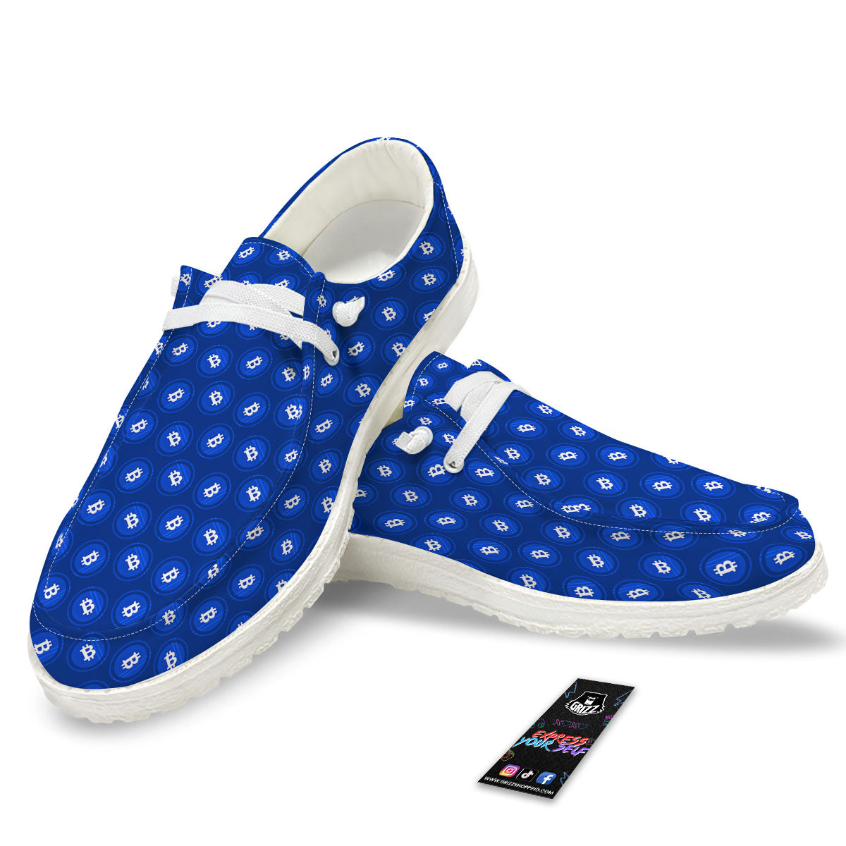 Bitcoin Blue Print Pattern White Loafers-grizzshop